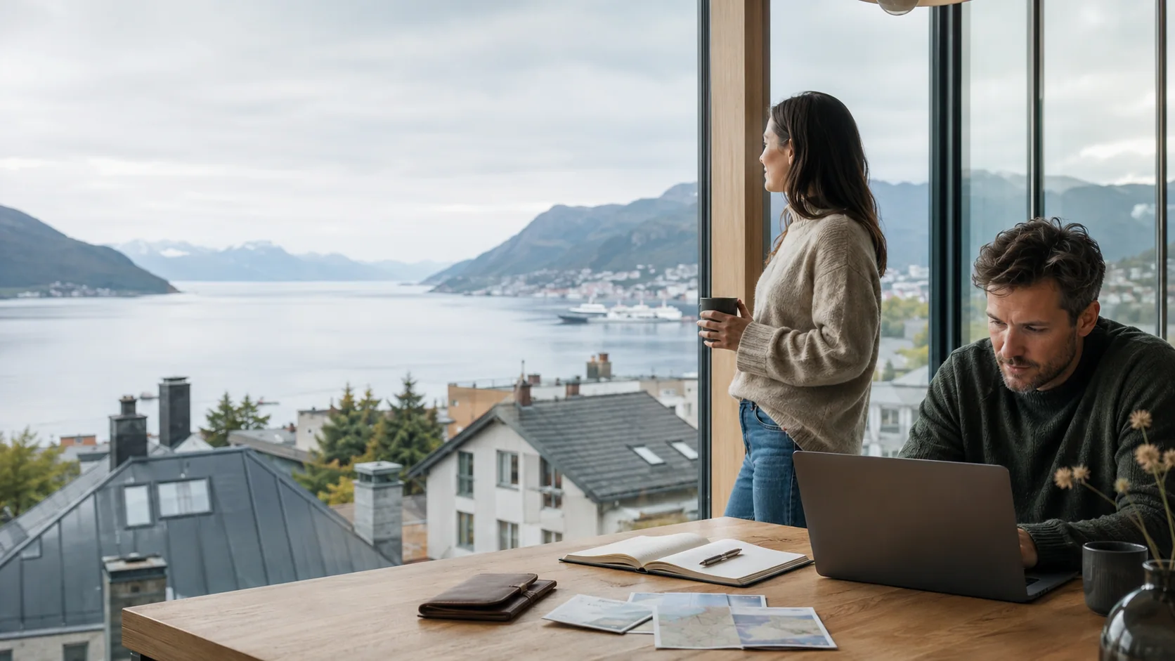 International couple comparing Nordic work, housing and relocation options from a fjord-side home