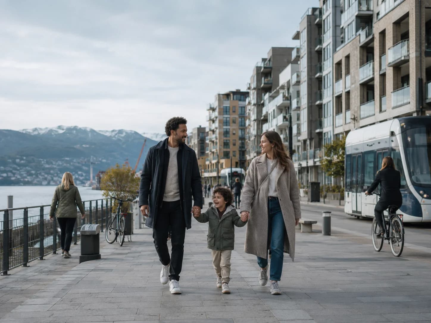 Family walking through a modern Nordic waterfront neighbourhood