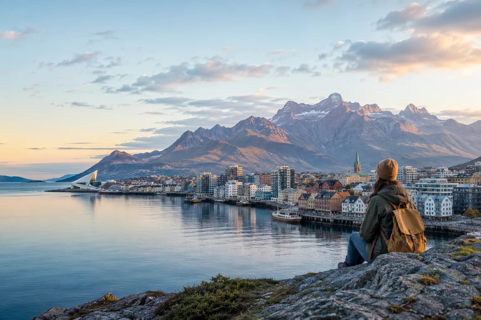 Nordic city and nearby mountain landscape at calm evening light