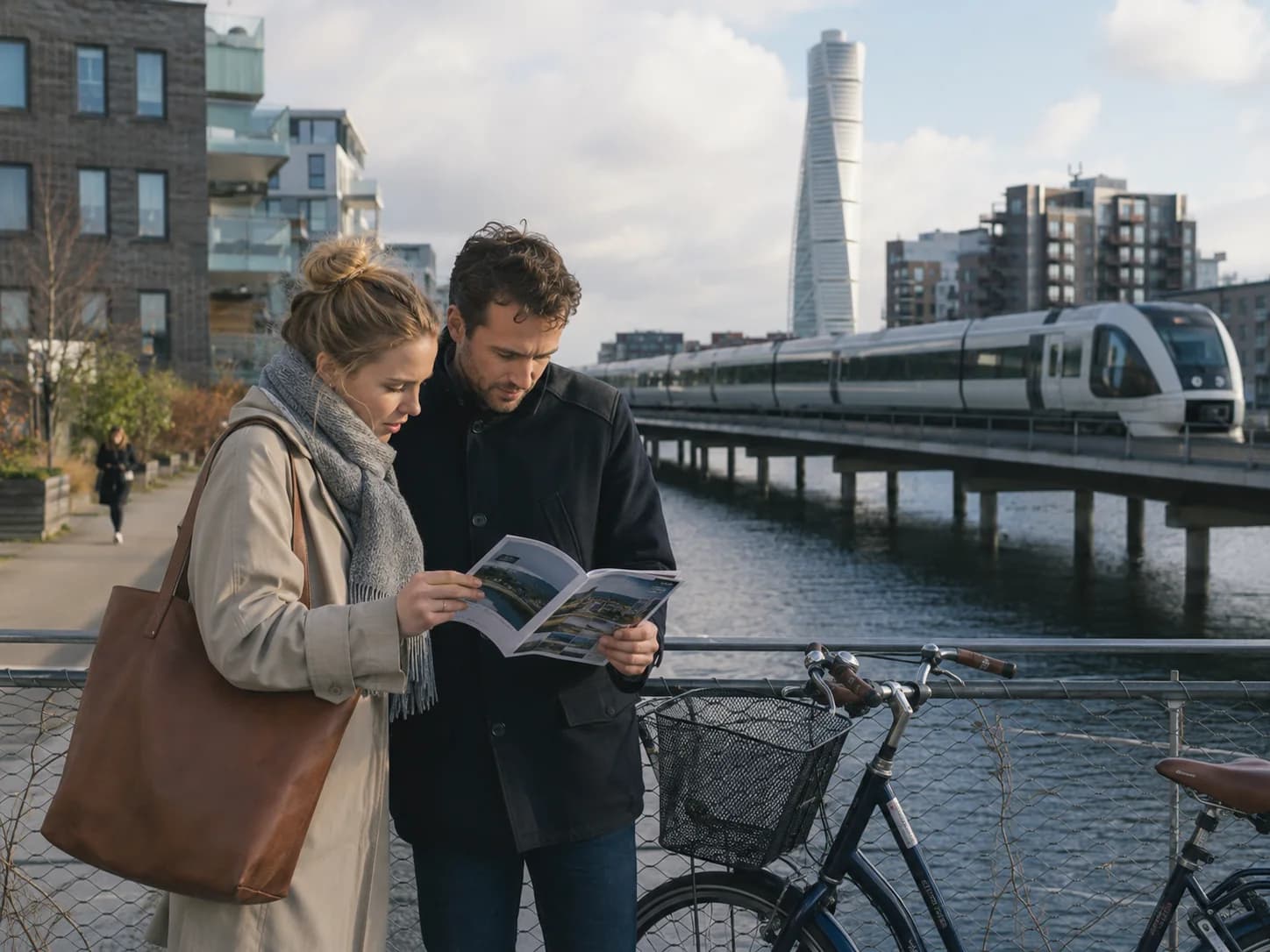 Copenhagen waterfront neighbourhood with bicycles, harbour life and modern apartments