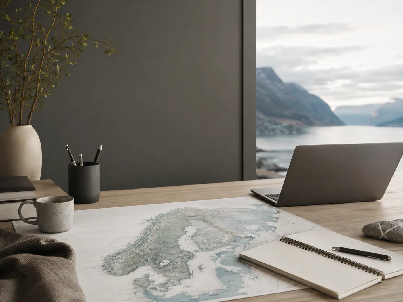 Nordic budget planning desk with map and laptop